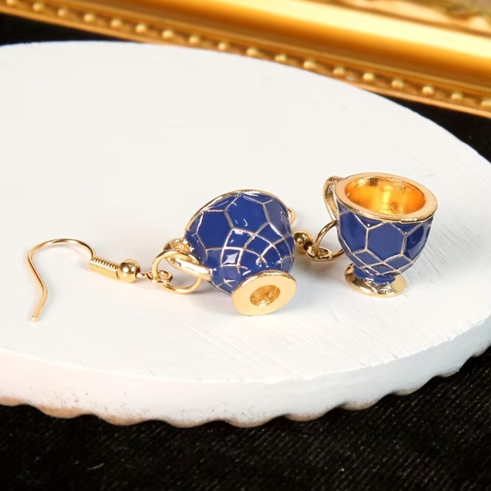 NEW Elegant Blue and Gold Cup Earrings. gift. Unique Earrings ☕️ 💙 A7-227